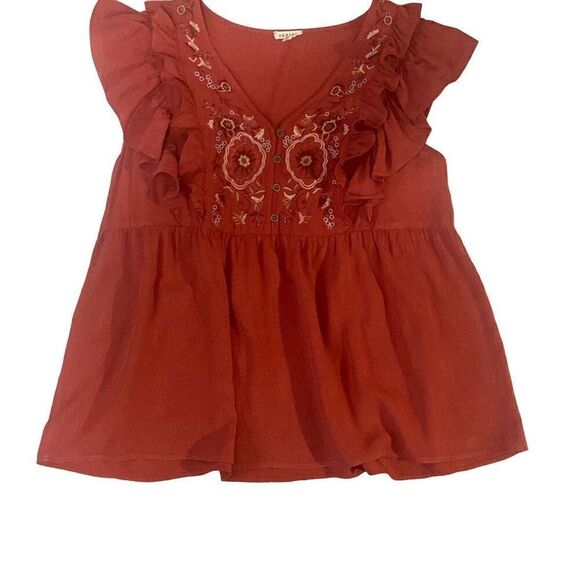 NWOT Jodifl Burgundy Rust Colored Ruffle Top with Multicolored Embroidered Flowe - Picture 1 of 9